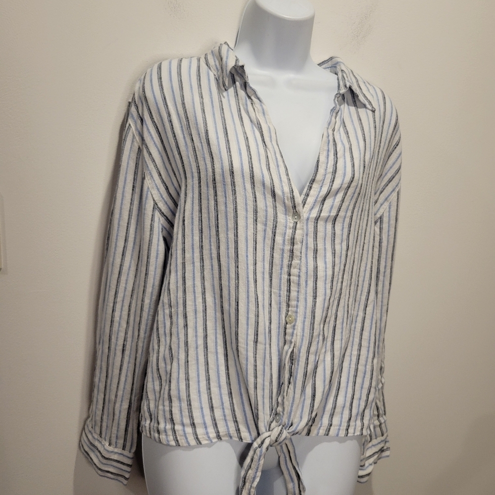 Calypso St Barth Size Xl Linen Blend Tie Front Stripes Top